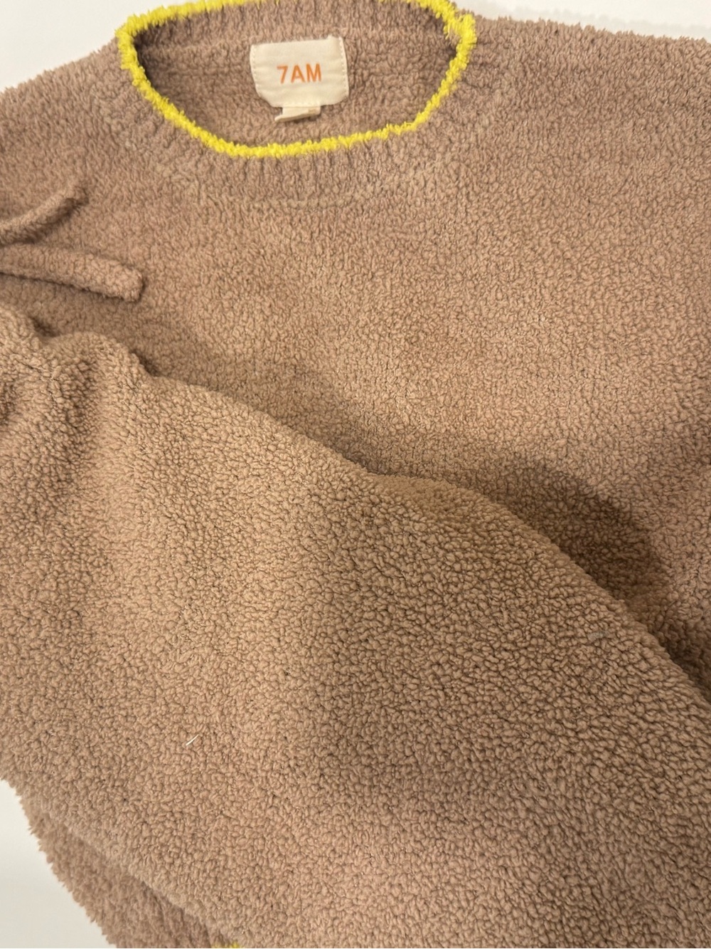 Taupe Sherpa Crewneck Sweater with Yellow Trim